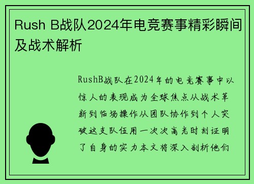 Rush B战队2024年电竞赛事精彩瞬间及战术解析