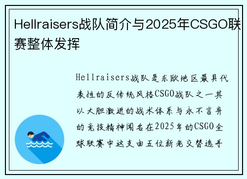 Hellraisers战队简介与2025年CSGO联赛整体发挥