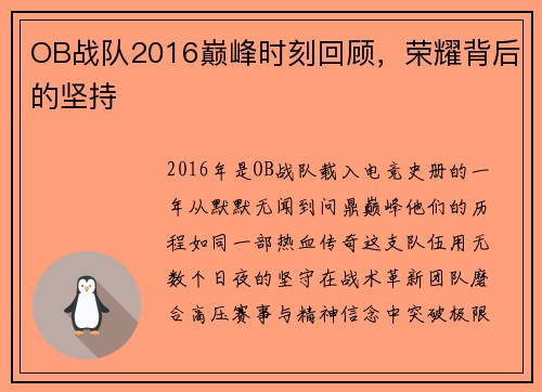 OB战队2016巅峰时刻回顾，荣耀背后的坚持